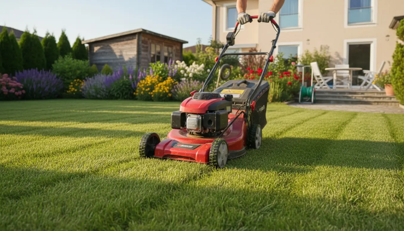 Nyklippet villahaveplæne med plæneklipper, tydelige striber og velplejede bede.
