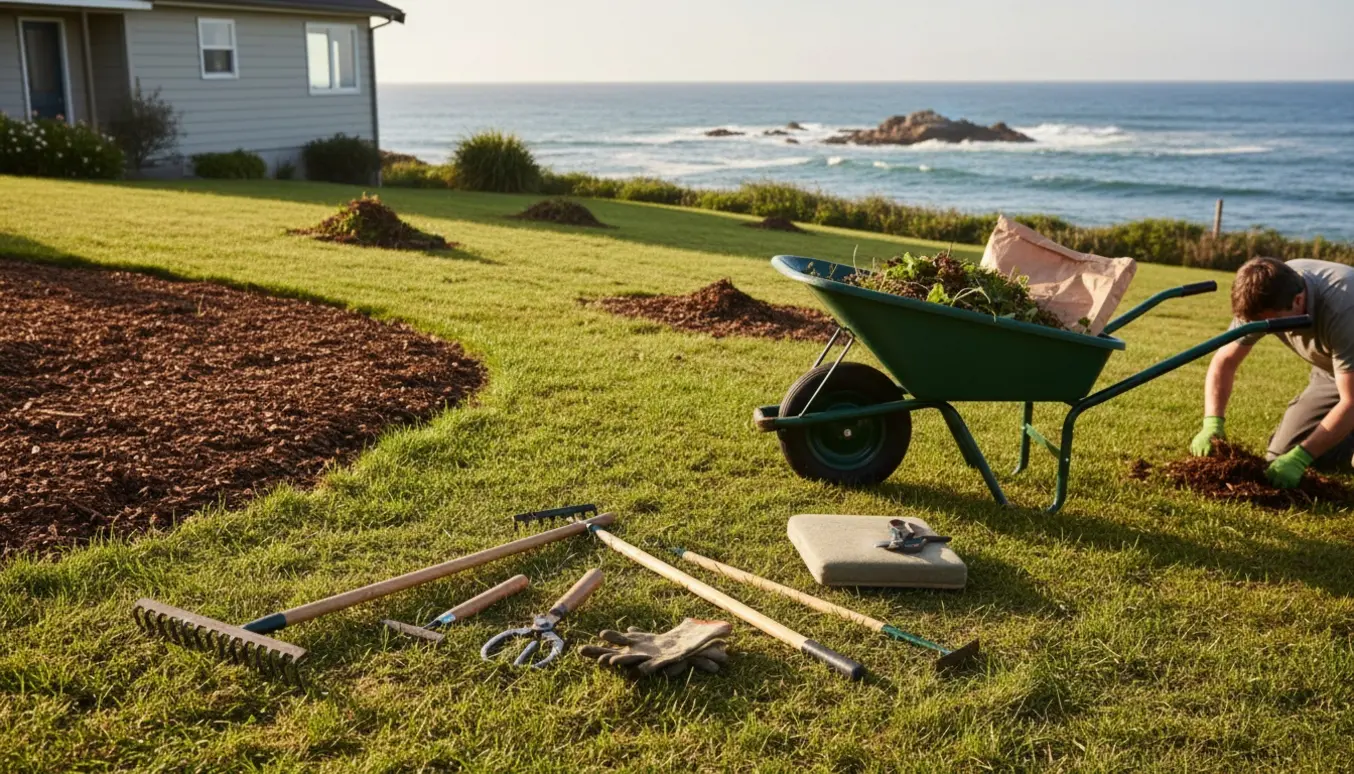 Skråning ved huset ned mod havet med haveredskaber og en person uden synligt ansigt, der fjerner ukrudt fra græs og bede.