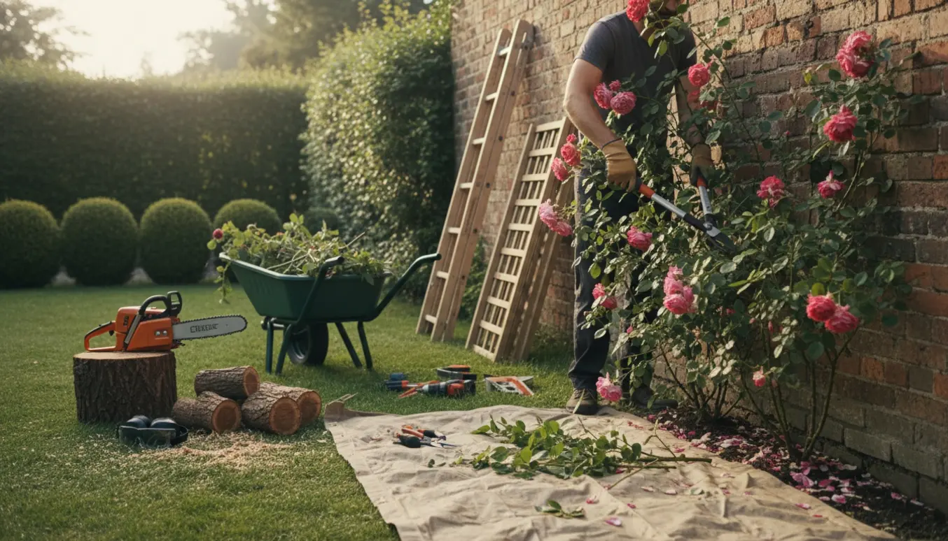 Beskæring af klatreroser på en mur med fældede træstammer, trillebør med beskårne buske og haveredskaber.