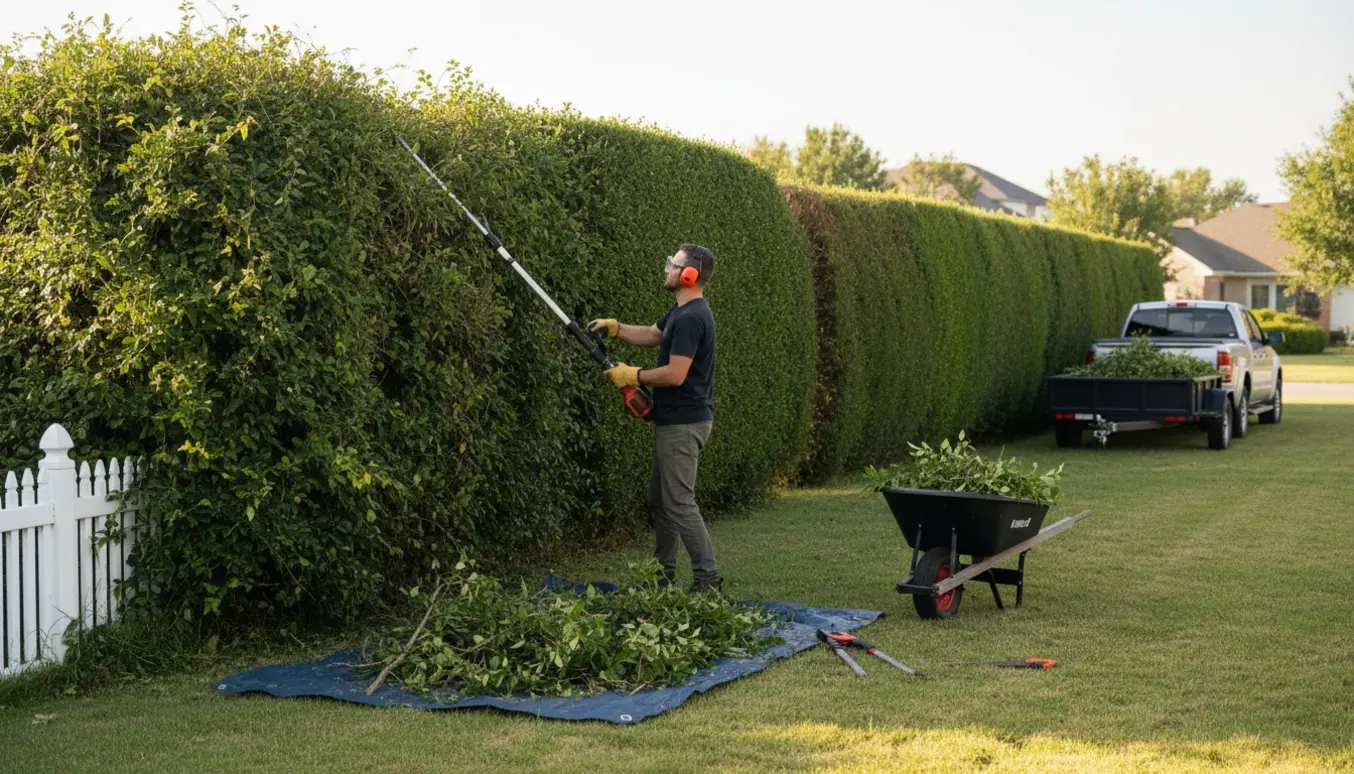 Lang hæk ved en villagrund klippes ned til ca. 1,5 meter med bunker af grene klar til bortkørsel.