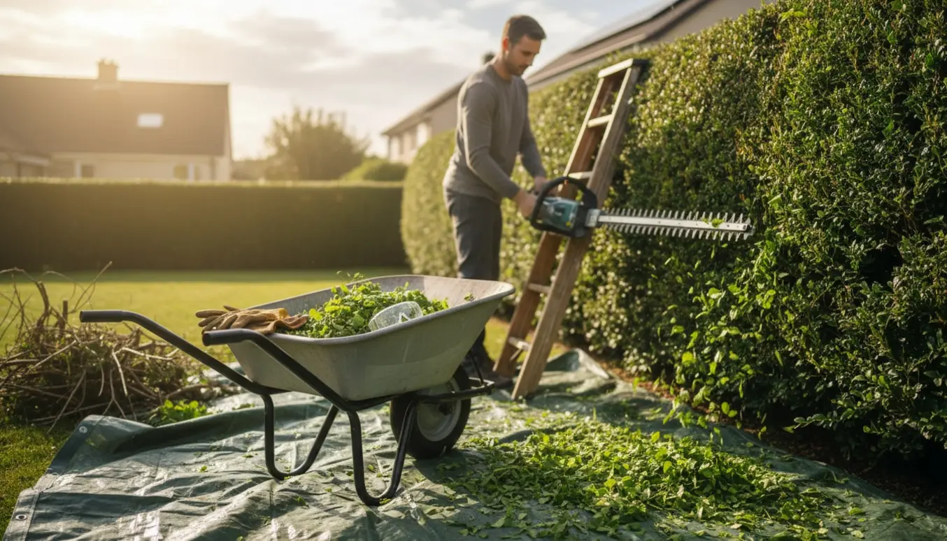 Person klipper en hæk i en forstadshave med en elektrisk hækkeklipper og en trillebør fyldt med afklip.