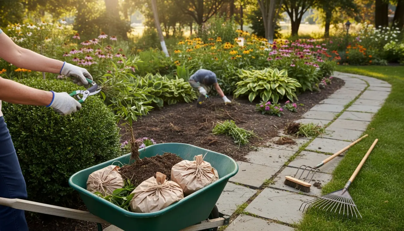 Havemand fjerner ukrudt i bed og mellem fliser, beskærer buske og samler haveaffald i en trillebør.
