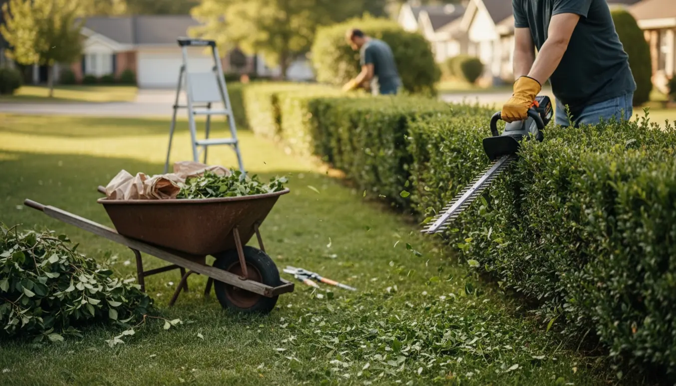 Lang hæk klippes i en have med en person set bagfra, hækkeklipper og en skovl med friske afklip.