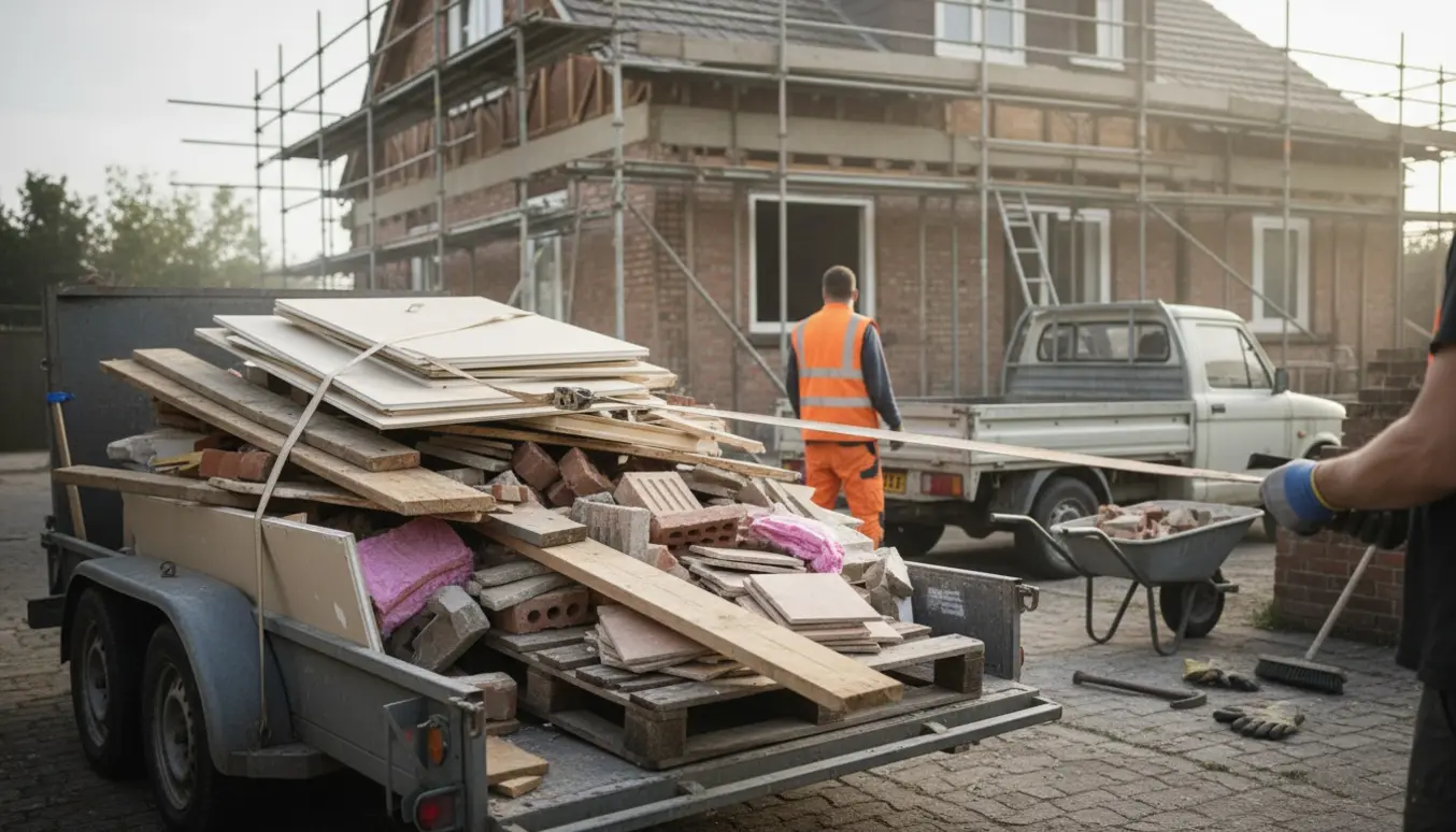 Trailer fyldt med byggeaffald med træ, gipsplader og mursten foran et hus under renovering.
