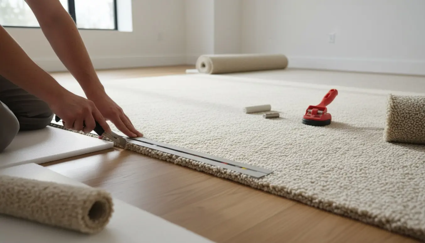 Hænder klipper og tilpasser et gulvtæppe i en lys stue med værktøj og rullemateriale.