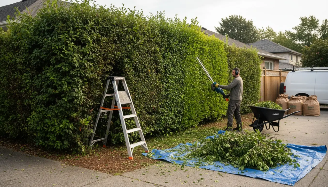 En person klipper en overgroet hæk på en hjørnegrund med trillebør, afklip og poser til haveaffald ved siden af.