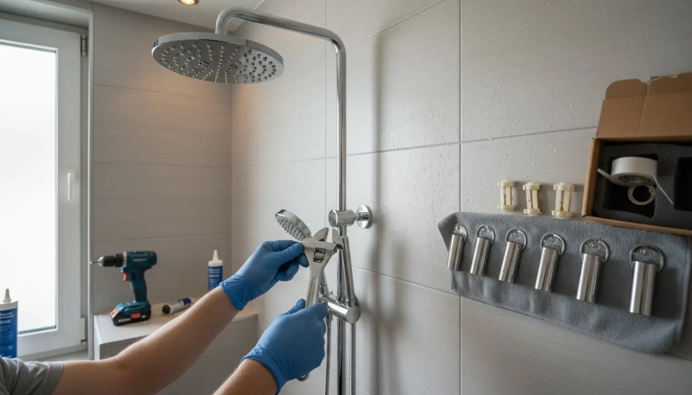 Nyt brusesæt med rainshower og rustfri rørbærere monteres i et moderne badeværelse.