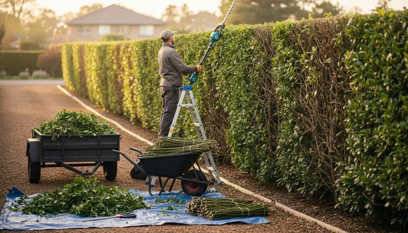 En person klipper en lang, høj hæk, mens afklip ligger samlet i skubkærre og bundter klar til bortskaffelse.