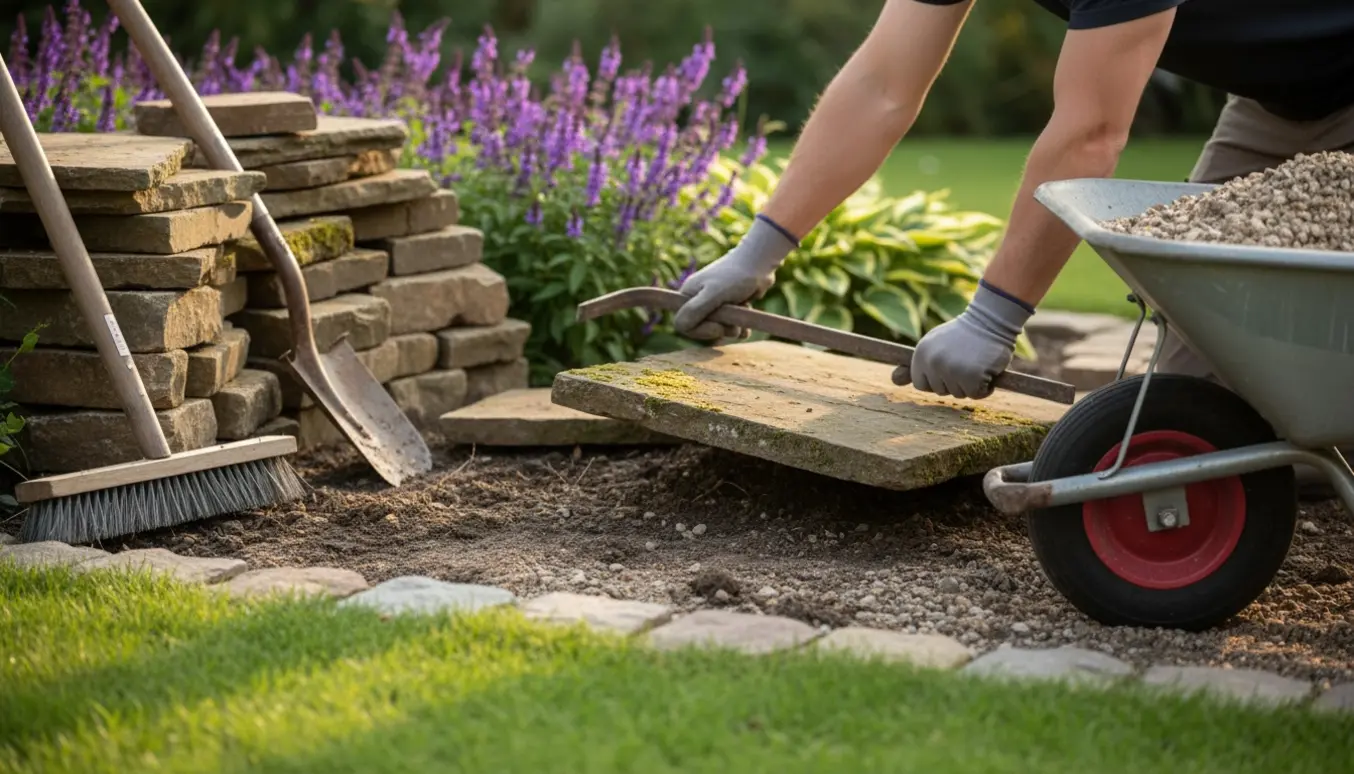Hænder fjerner løse natursten og fliser fra en havegang med prybar og trillebør i blødt naturligt lys.