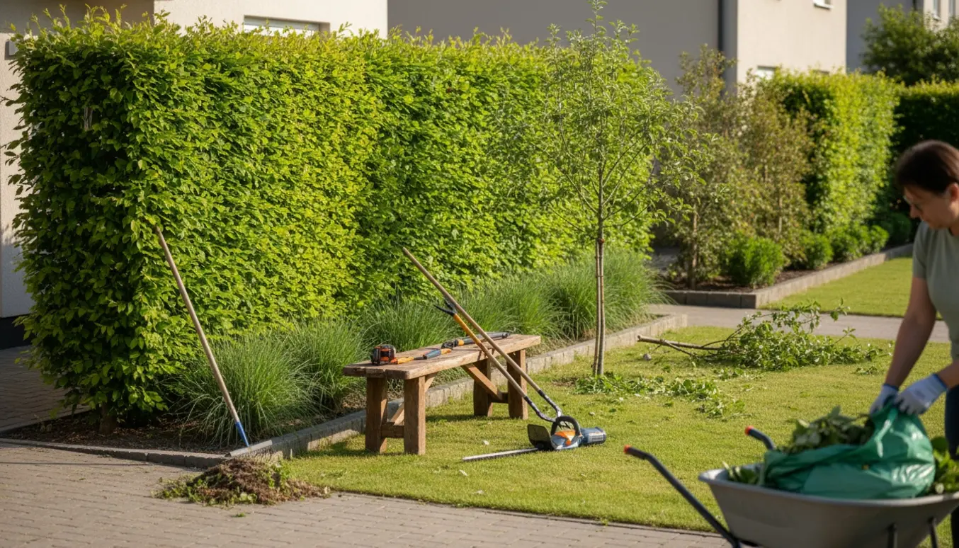 Forhave med en delvist nyklippet bøgehæk, beskårne buske, haveredskaber og en trillebør med haveaffald.