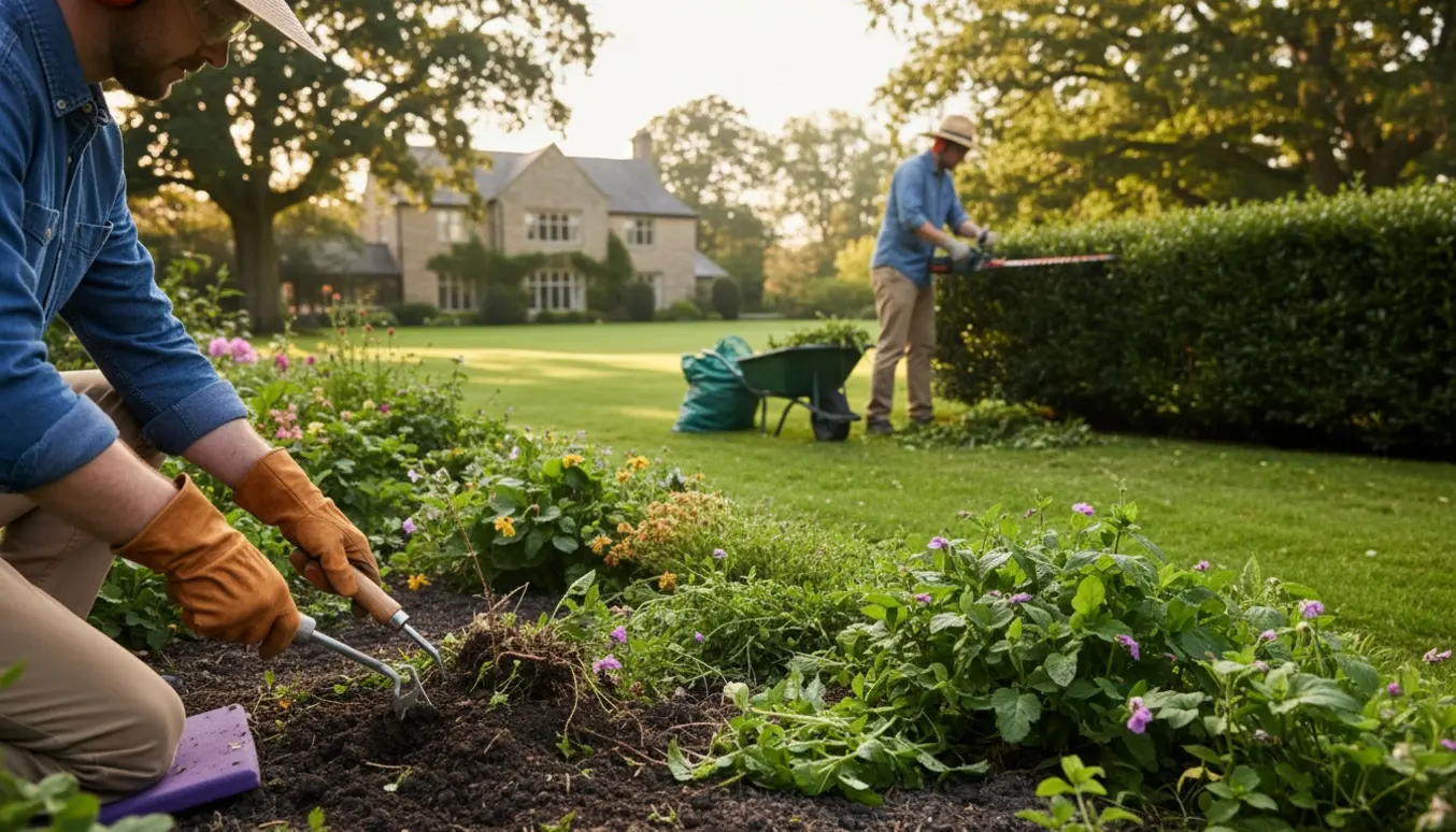 Handske‑klædte hænder luger bed, mens en person klipper hæk på en rummelig 2000 m² have.