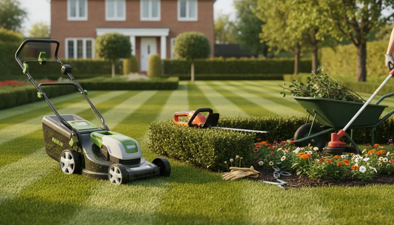 Nyklippet græsplæne med nyskårne hække, rene kanter og haveværktøj i en solbeskinnet villahave.