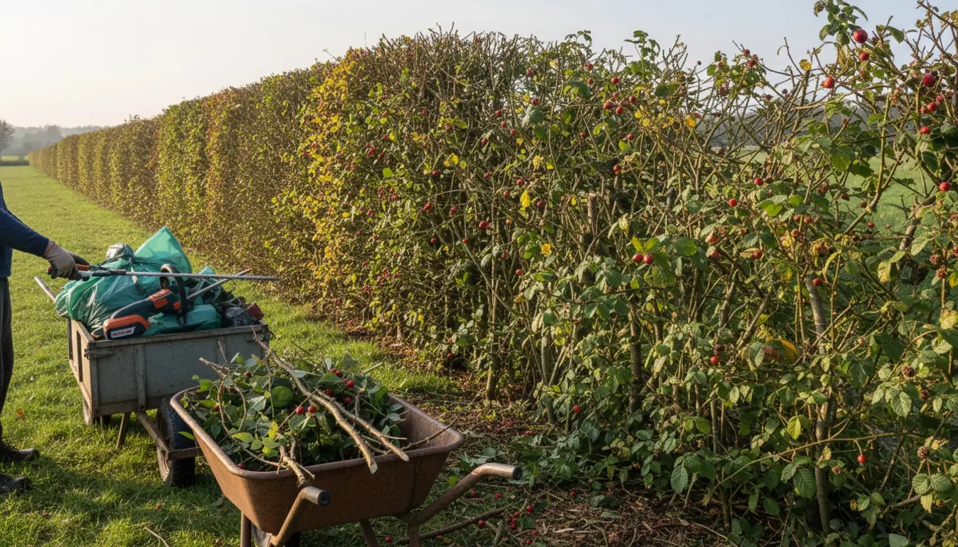 Friskklippet hybenrosehæk og brombær med afklippede grene samlet i trillebør og fyldte affaldssække.