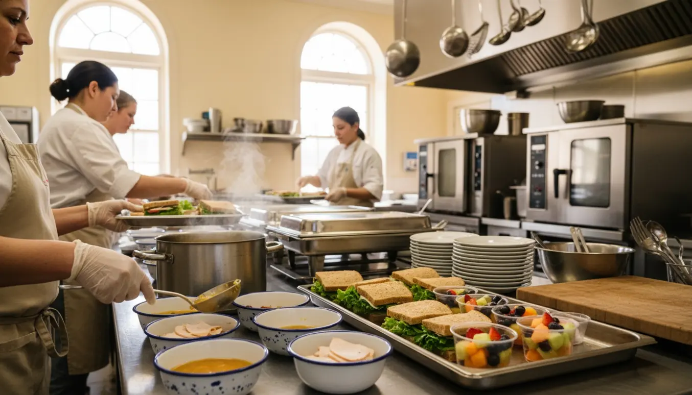 Frivillige i et fællesskabskøkken fordeler varme retter og anretter mad til et weekendarrangement.