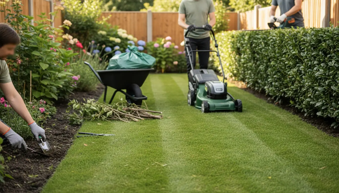 Forstadshave med nyslået græs, klippede buske og hænder, der luger ukrudt.