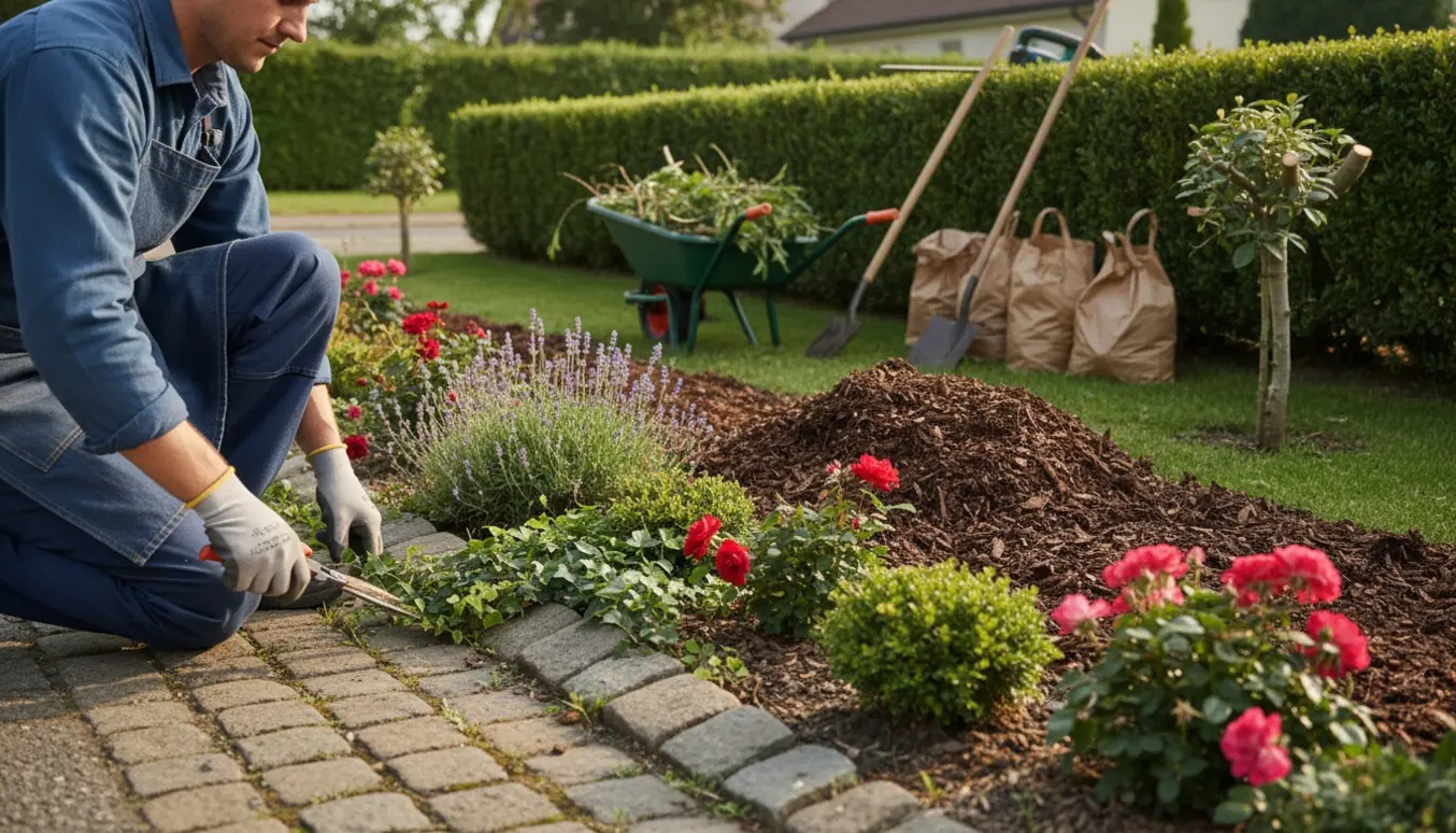 Gartner luger bede, trimmer hæk og udlægger renset flis med værktøj og trillebør, ansigt ikke synligt.