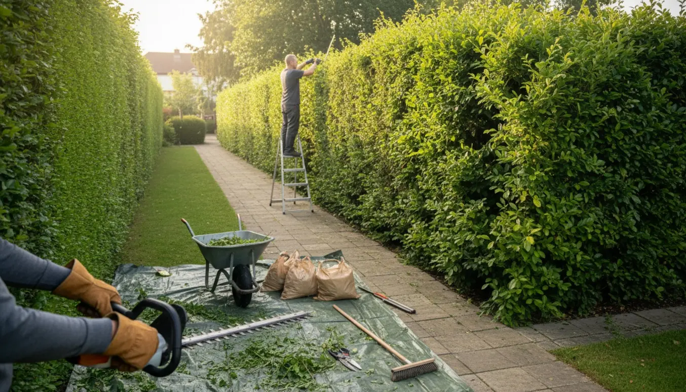 Lang hæk i en forhave klippes, mens afklip samles i en trillebør og på en tarp.