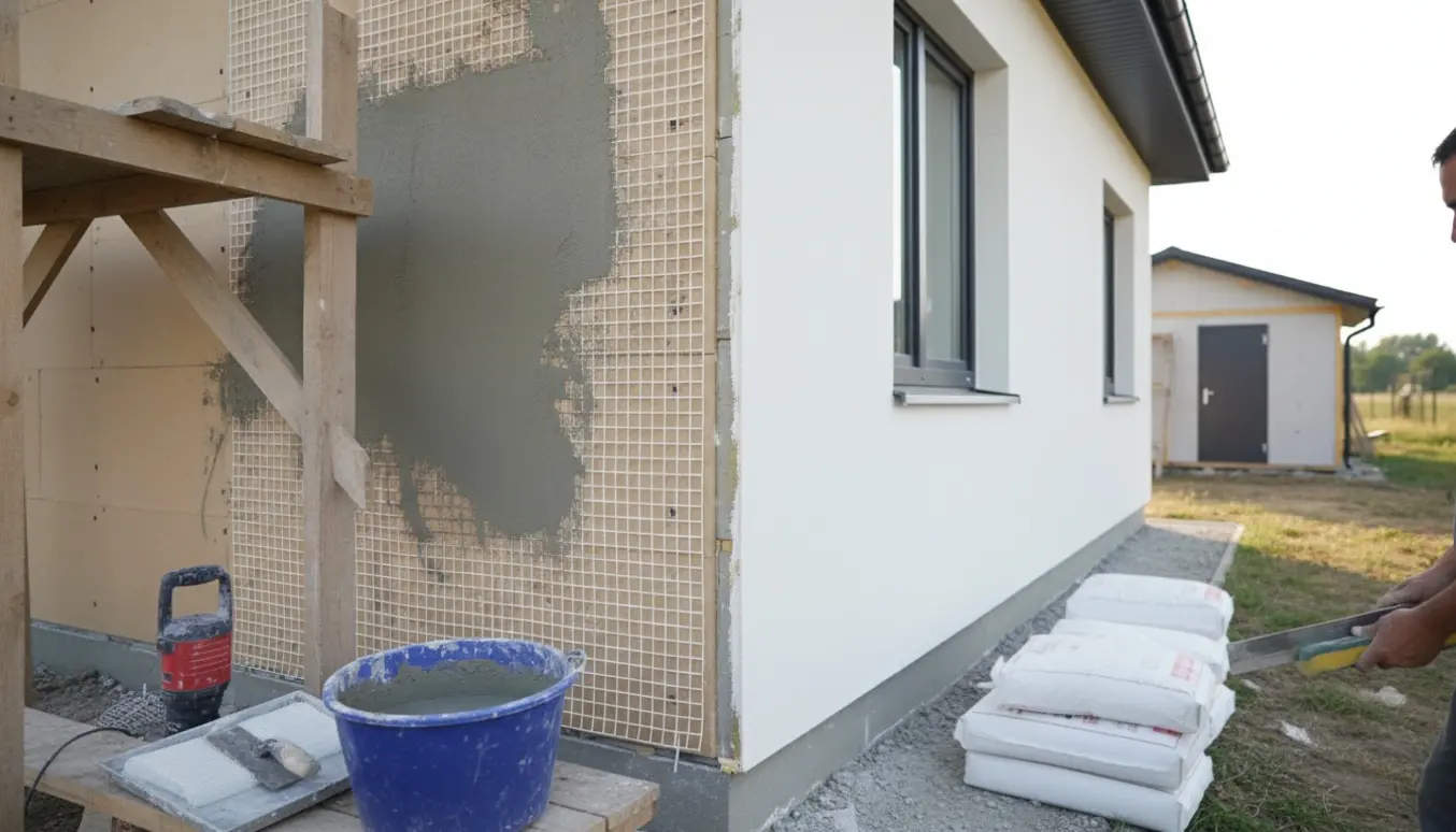 Facade på nybyggeri hvor håndværker bearbejder grundpuds med armeringsnet og glat slutpuds.