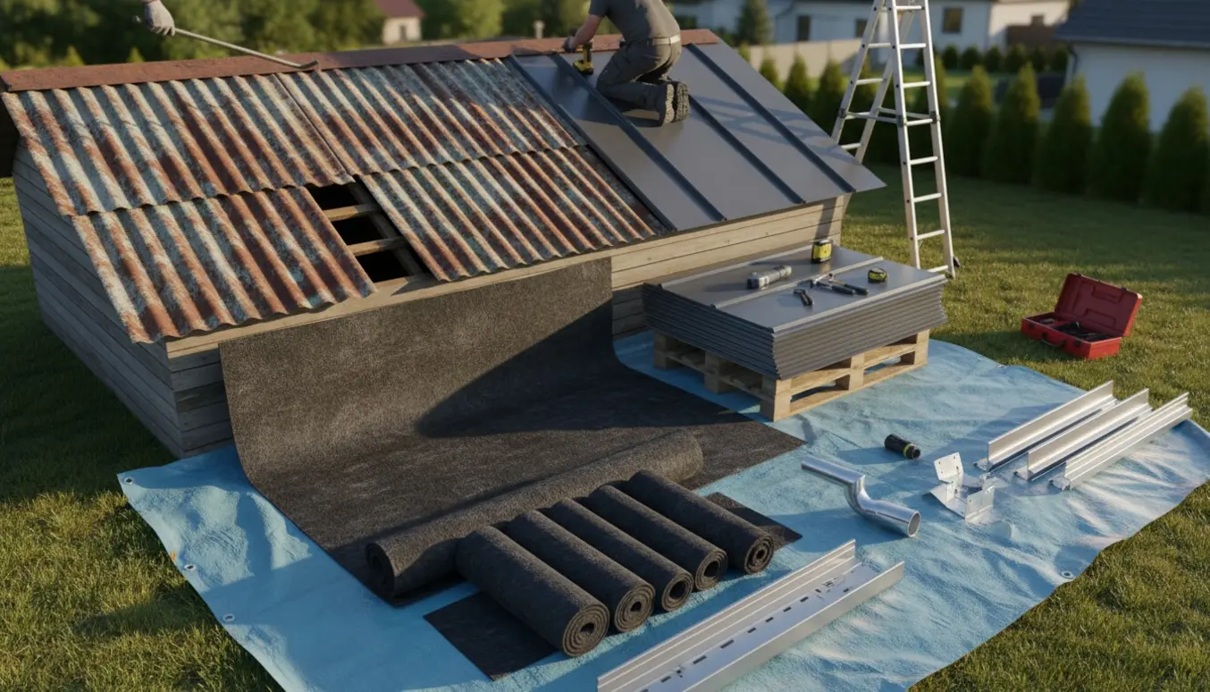 Udskiftning af bølgeplader og pålægning af tagpap på en lille garage med nye tagrender og nedløbsrør klar ved siden af.