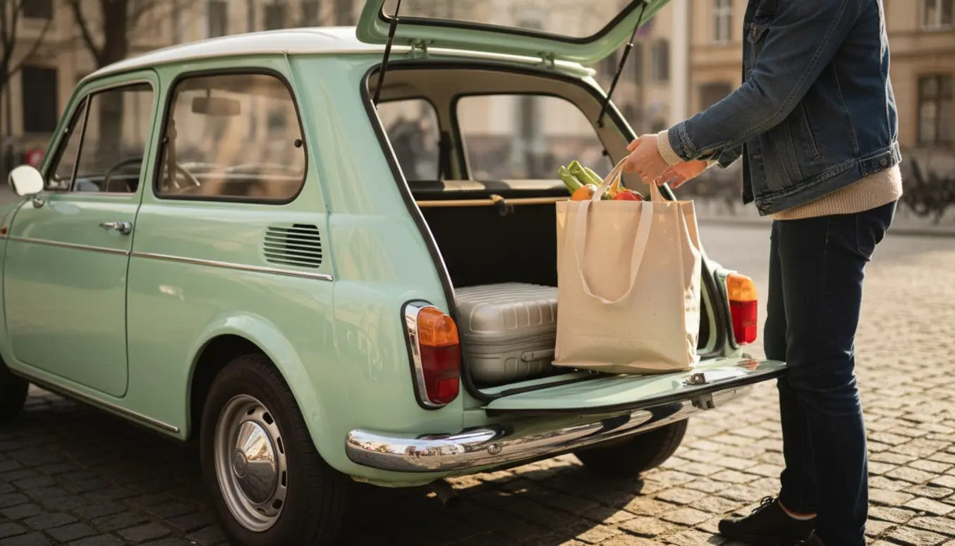 Hænder åbner bagagerummet på en lille Fiat 500-lignende bybil med indkøbsposer i bagagerummet.