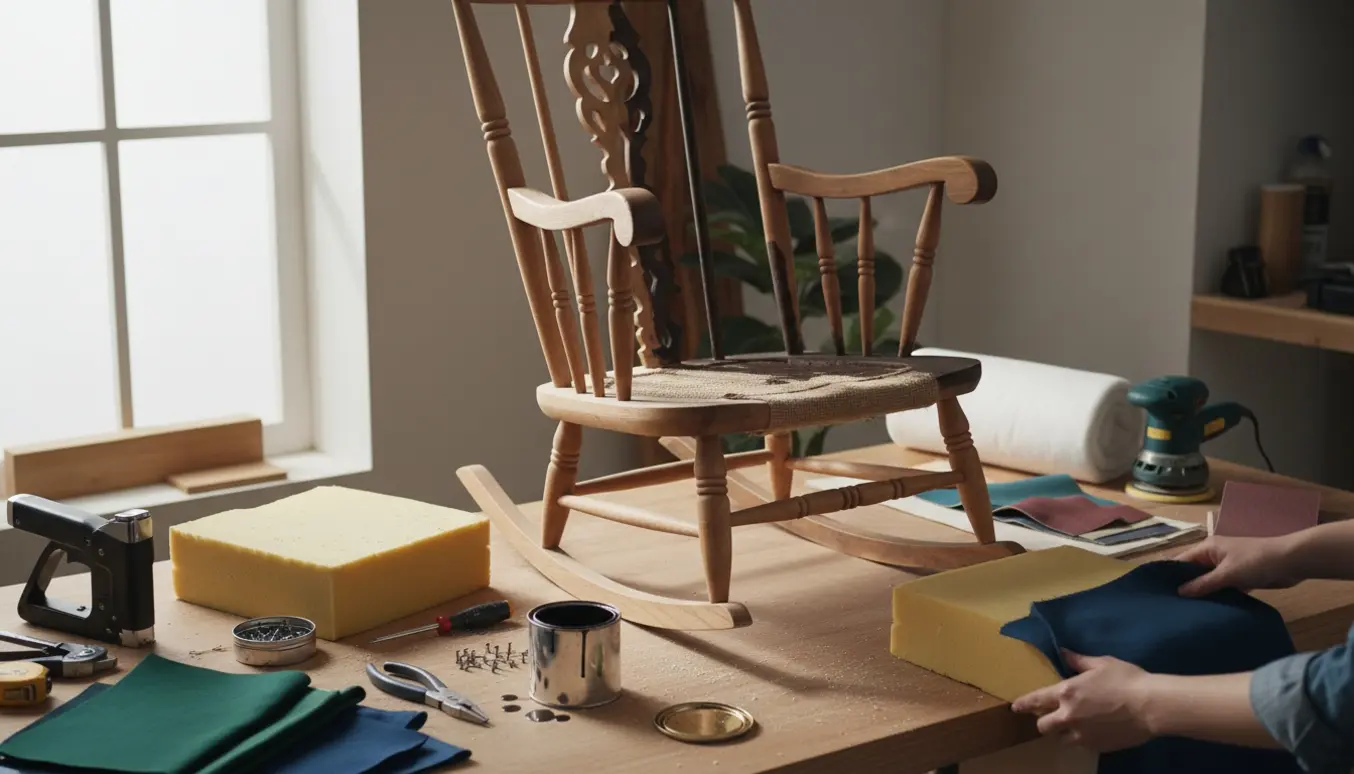 En antik gyngestol under restaurering med halvt slebet træ, mørk bejdse og ompolstringsmaterialer i en lys værkstedsscene.