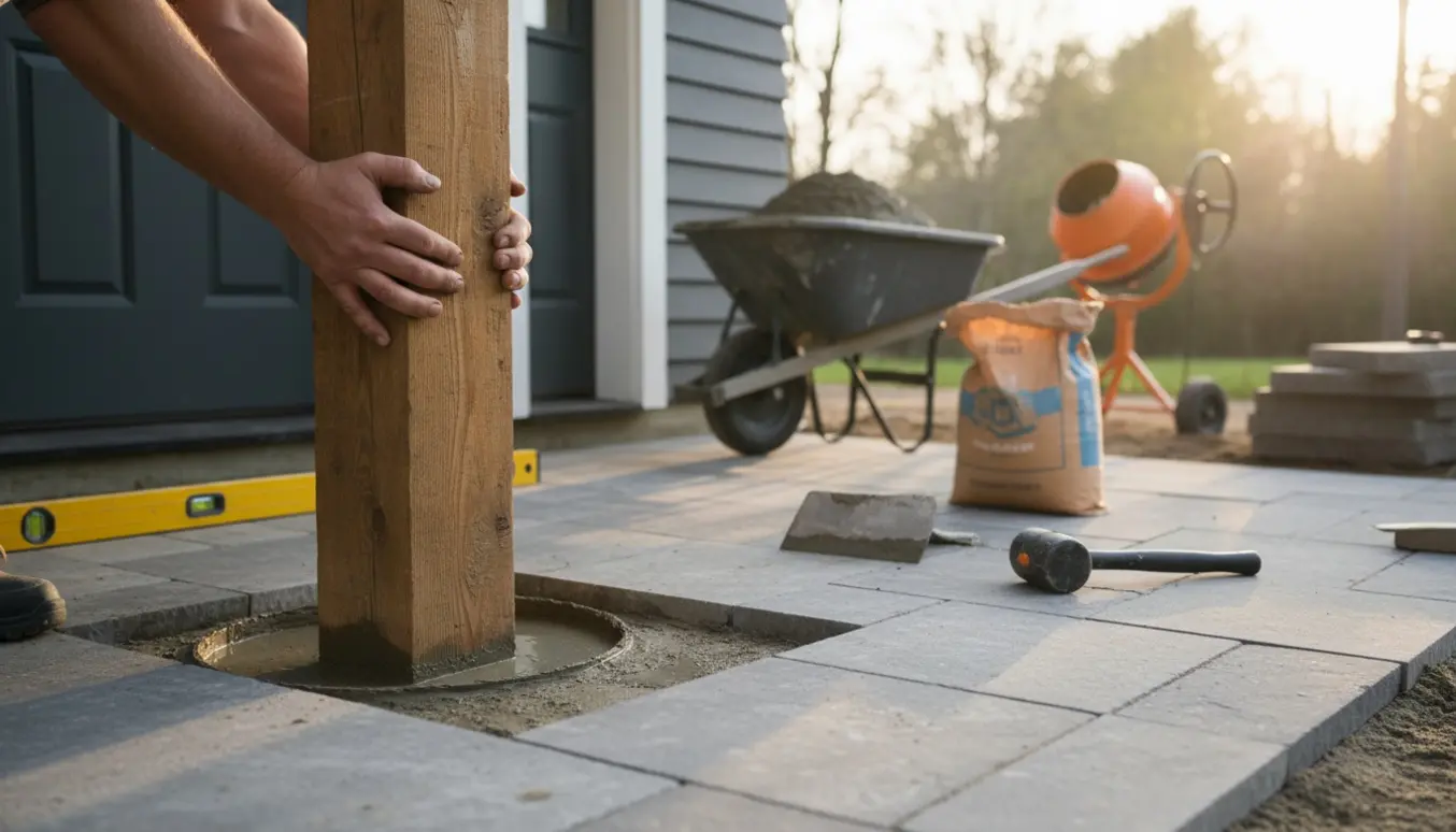 Håndværker sætter ny træstolpe i beton ved husets indgang, mens nye fliser lægges.