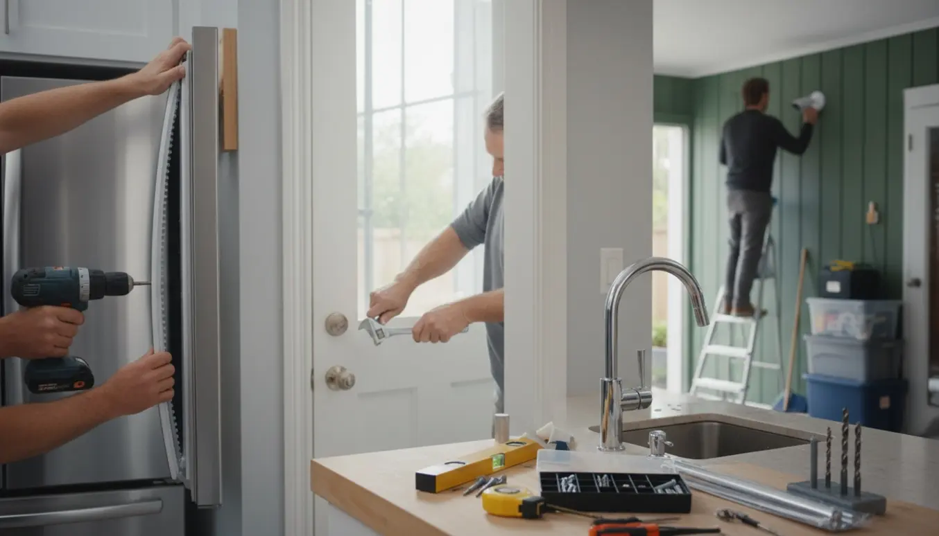 Hænder udfører småreparationer i hjemmet med værktøj, køleskab, hylde og en person på stige i baggrunden.