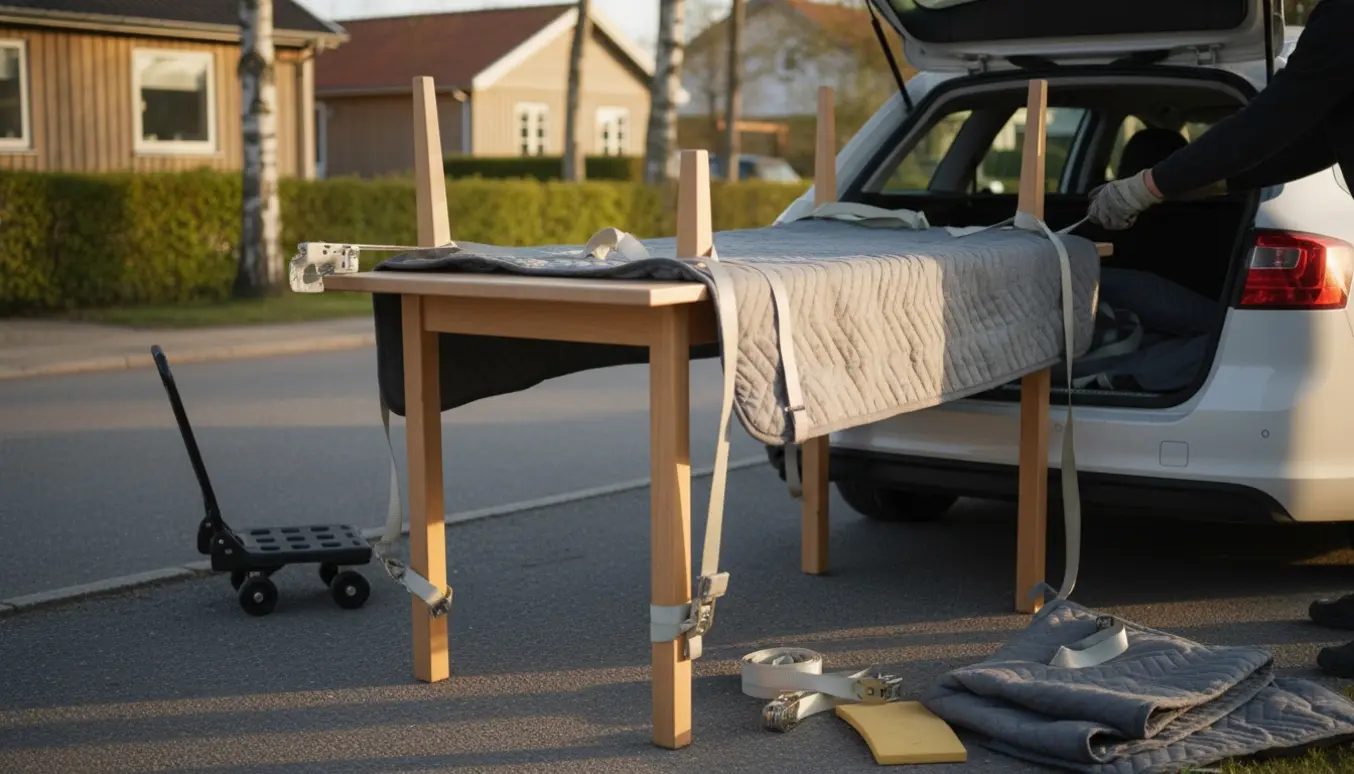 Et lyst Ikea-lignende bord på 132 cm bliver sikret og læsset ind i en varebil foran et dansk villakvarter.