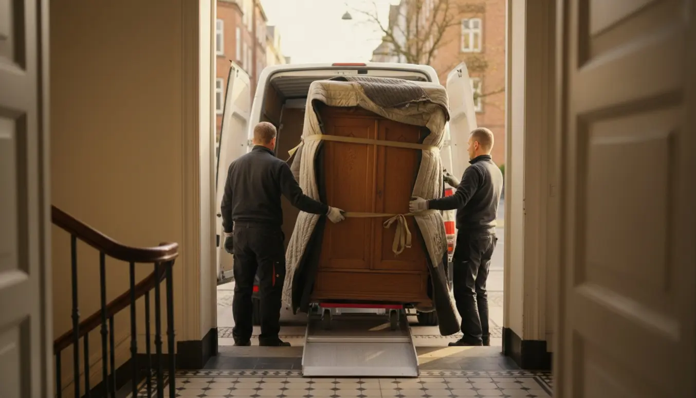 Flyttefolk læsser et beskyttet karlekammerskab på dolly ved en Frederiksberg-trappe til en flyttevogn.