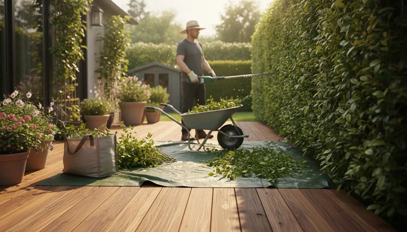 Person beskærer høje buske omkring en terrasse med afklip samlet i trillebør klar til bortkørsel.