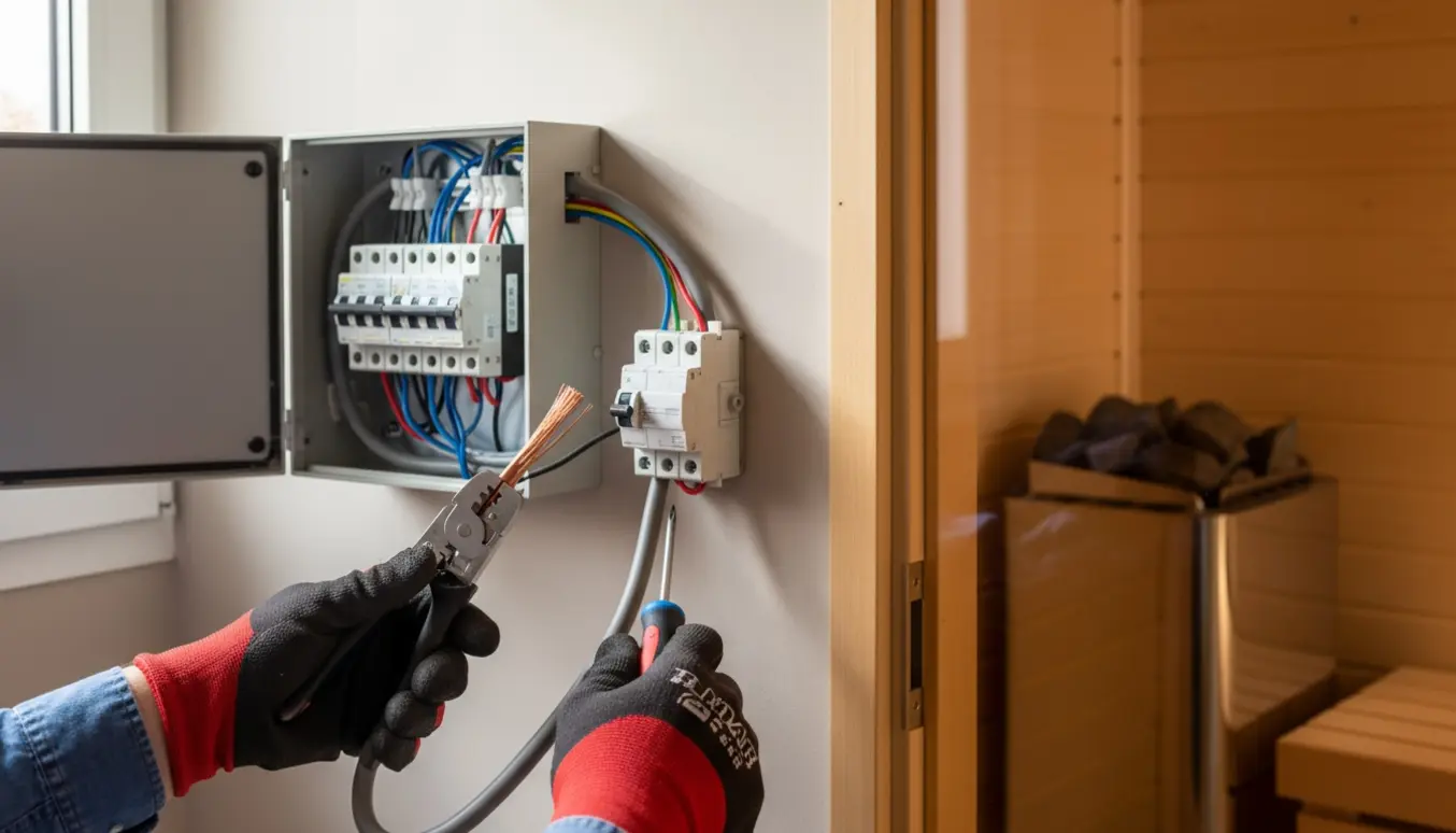 Elektriker monterer kraftkabel og sikkerhedsafbryder til en 9 kW saunaovn foran en åben eltavle.