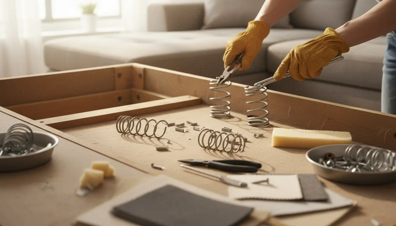 Nærbillede af hænder, der udskifter to knækkede fjedre i en modulsofa.