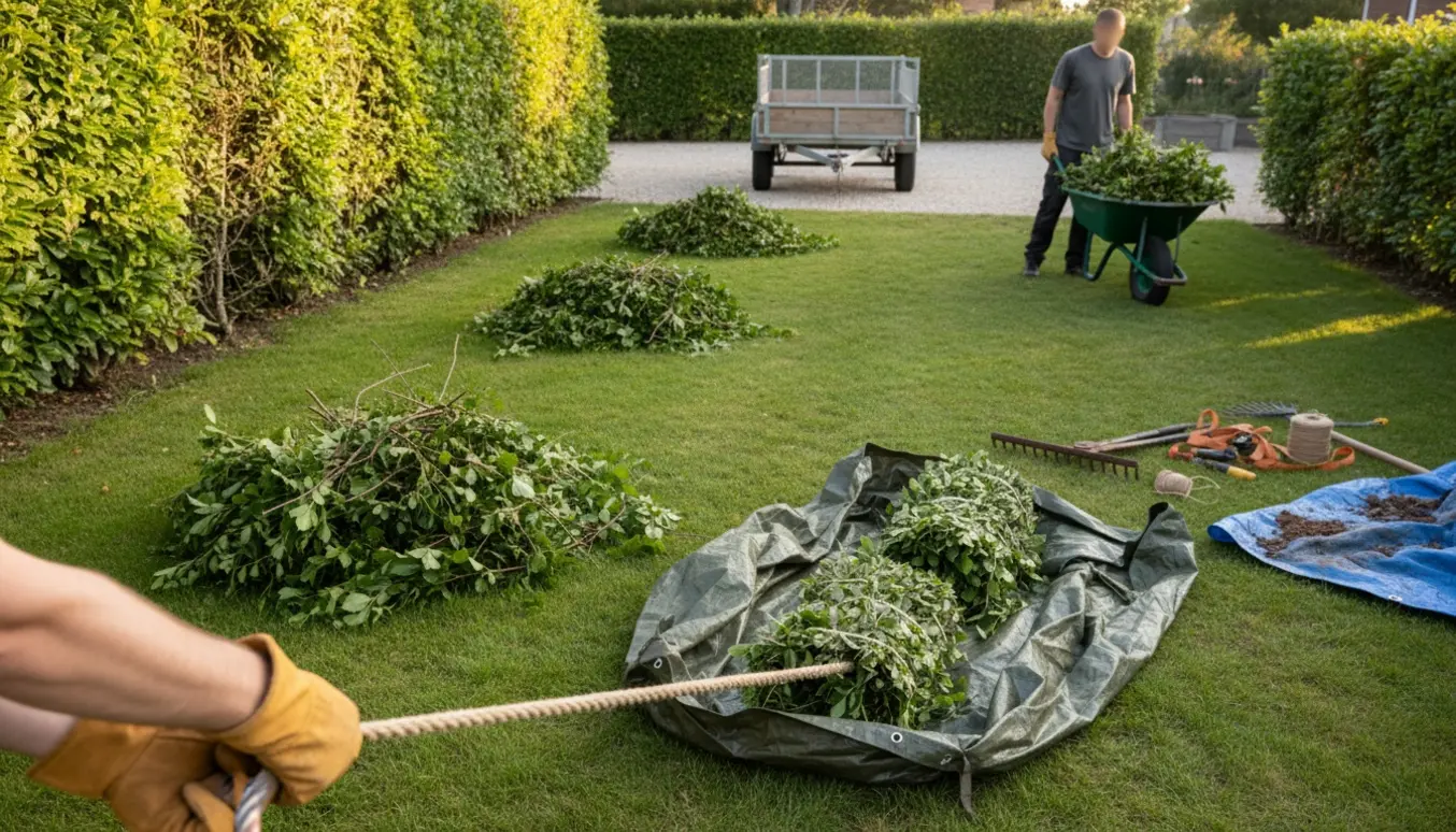 Bunker af bøge- og tjørneklip trukket på en presenning mod en trailer med handsker og trillebør i billedet.