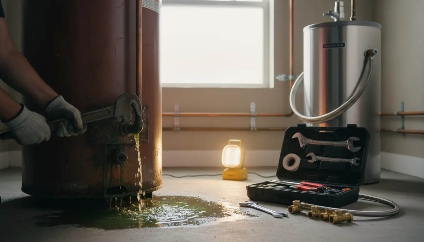 En håndværker afmonterer en rusten varmtvandsbeholder i et bryggers, mens en ny står klar ved siden af.