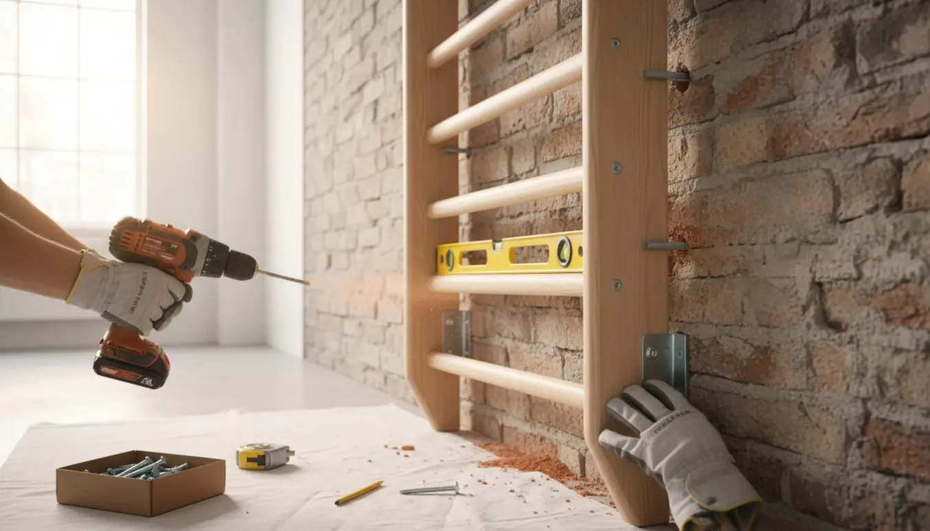 Nærbillede af montering af en træ-ribbe på en muret væg med bor, rawlplugs og vaterpas.