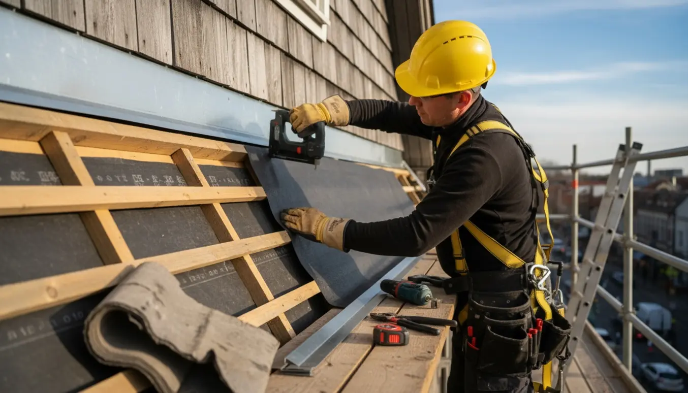 Tømrer monterer vindspærre og metalinddækning ved tagfoden, ansigt ikke synligt.