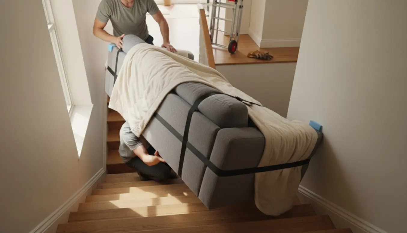 To personer bærer en sofa op ad en trappe i et lyst, moderne hjem.
