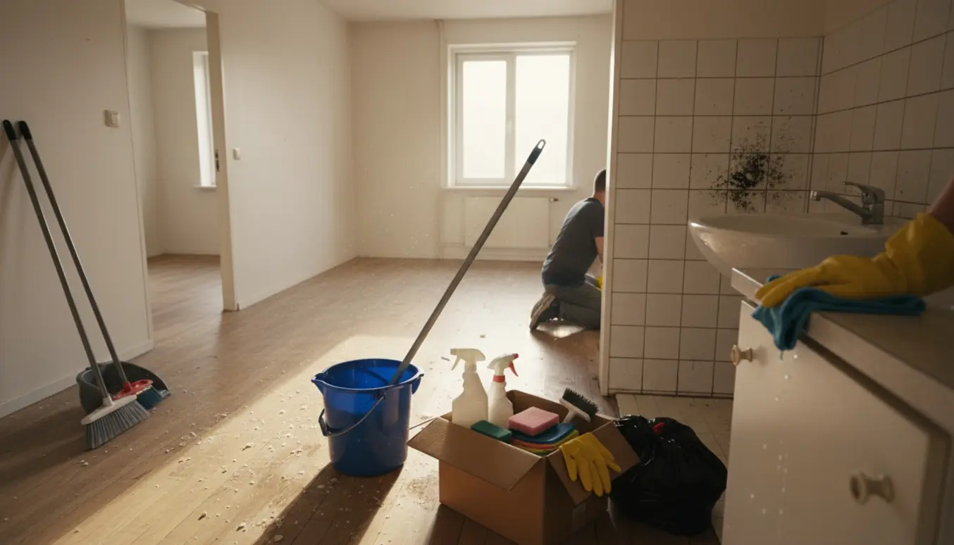 Tom lejlighed under hovedrengøring med rengøringsudstyr i forgrunden og badeværelse i baggrunden.