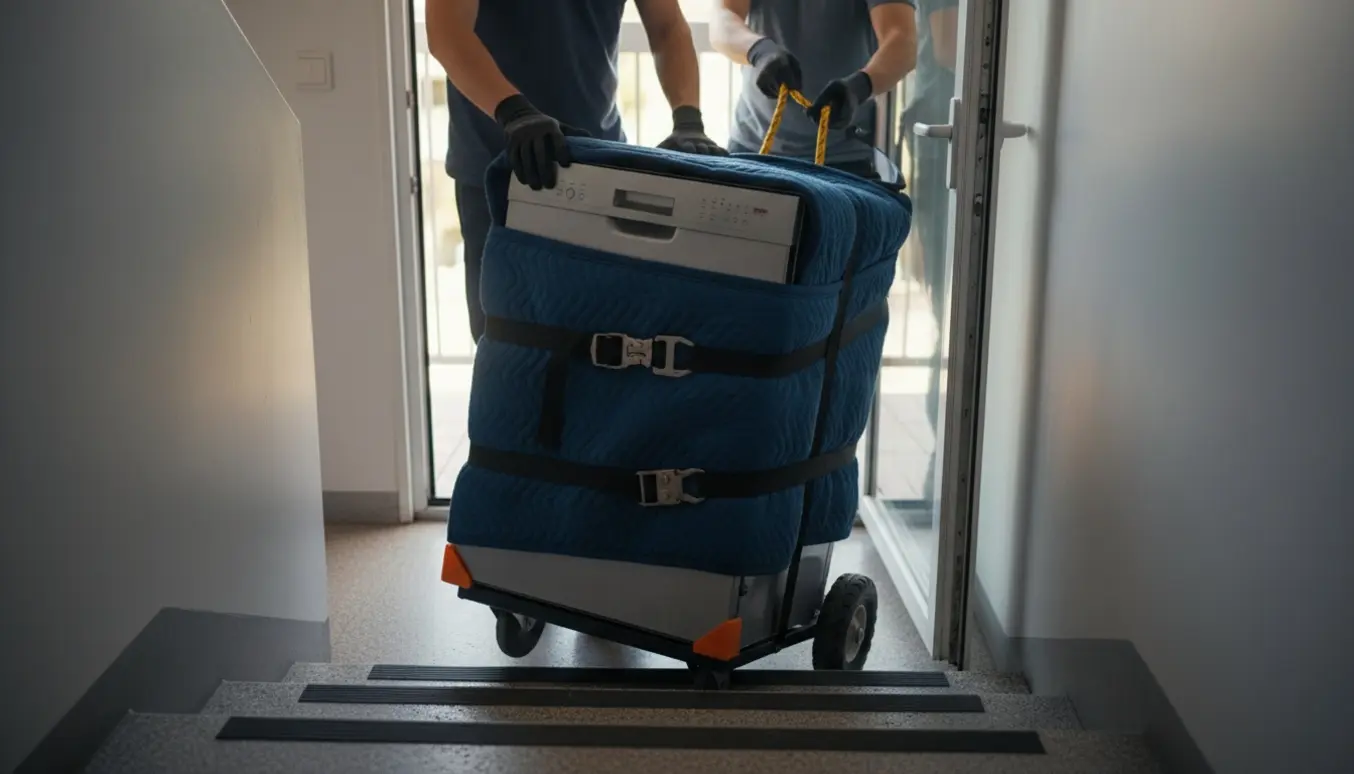 Opvaskemaskine indpakket i flyttetæpper bæres ned ad trappe fra femte sal.