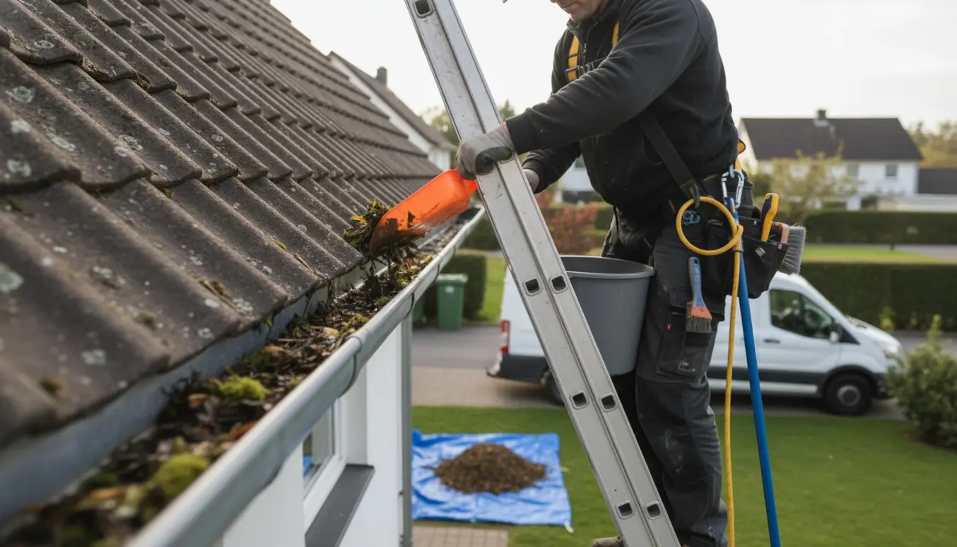 En håndværker renser en tagrende højt oppe fra en stige med skovl og spand fyldt med blade.