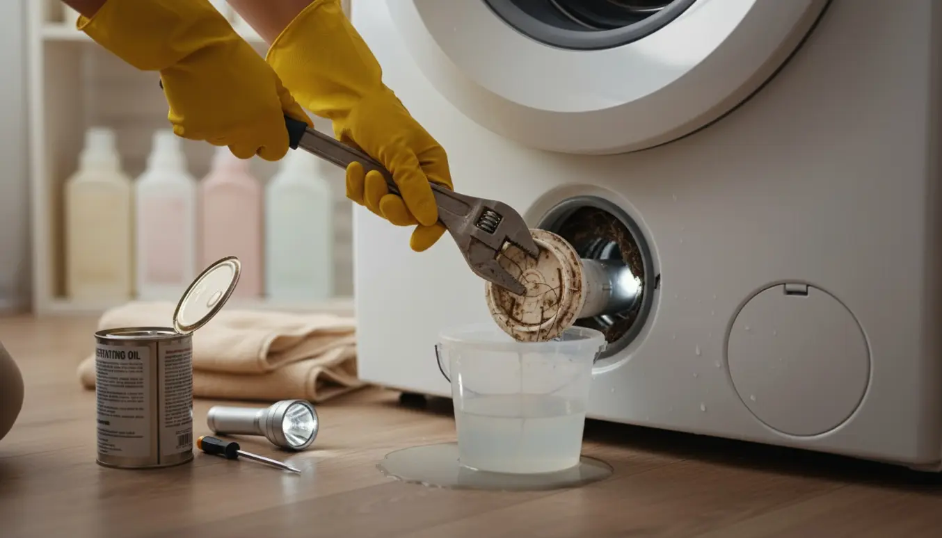 Nærbillede af handskerede hænder, der prøver at løsne et fastsiddende afløbsdæksel i en frontbetjent vaskemaskine med spand og værktøj under.