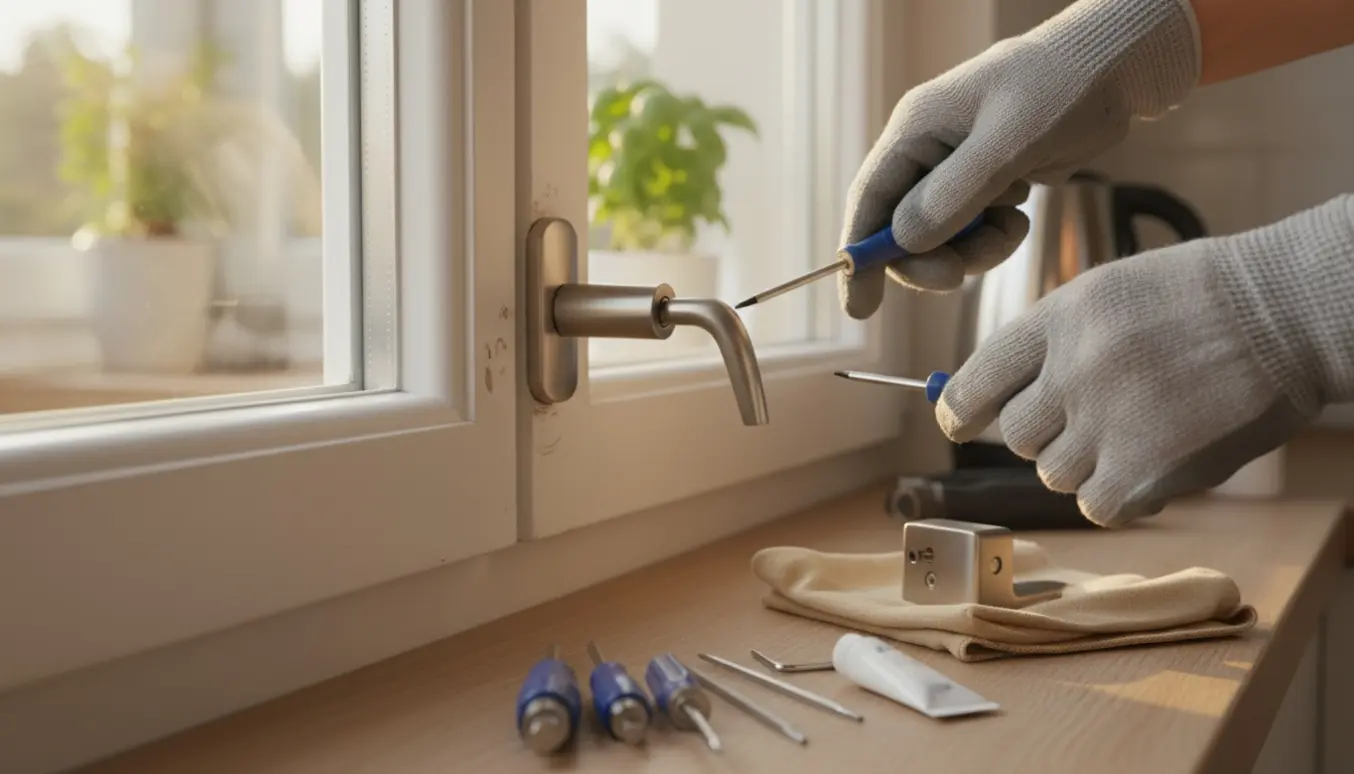 Nærbillede af et køkkenvindues løse håndtag, handskerede hænder og værktøj på vindueskarmen.