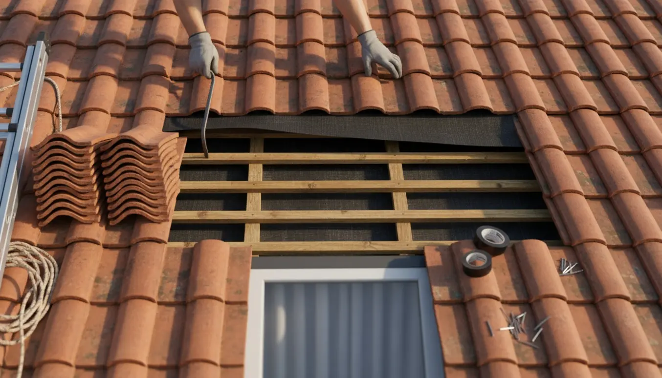 Hævede tagsten og handsker, der lægger nyt undertag under tagsten på et tag.