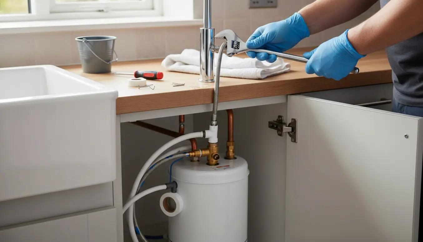 Hænder installerer en krom vandhane med kogende vandfunktion ved en moderne køkkenvask med værktøj og slanger under skabet.