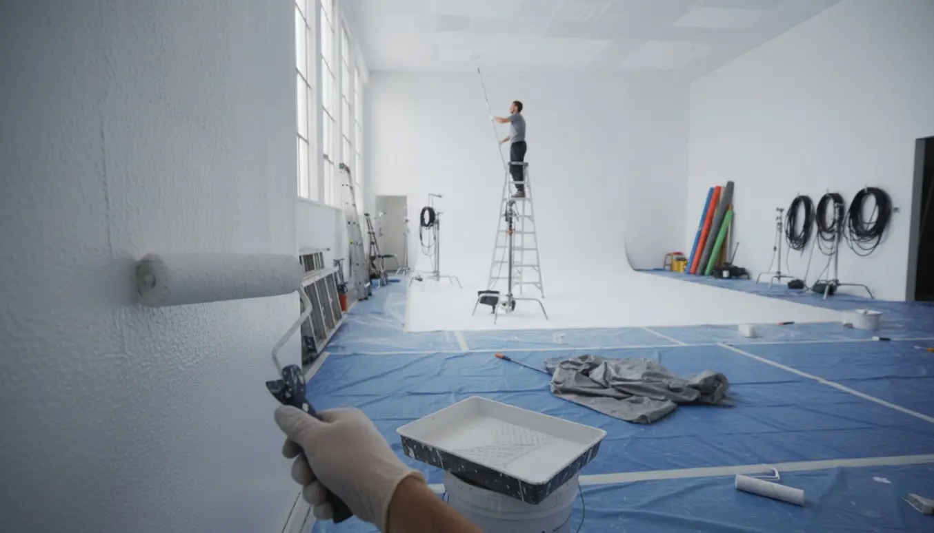 Hænder maler vægge og lofter hvide i et stort studie med stiger, afdækningsplast og malerbøtter.