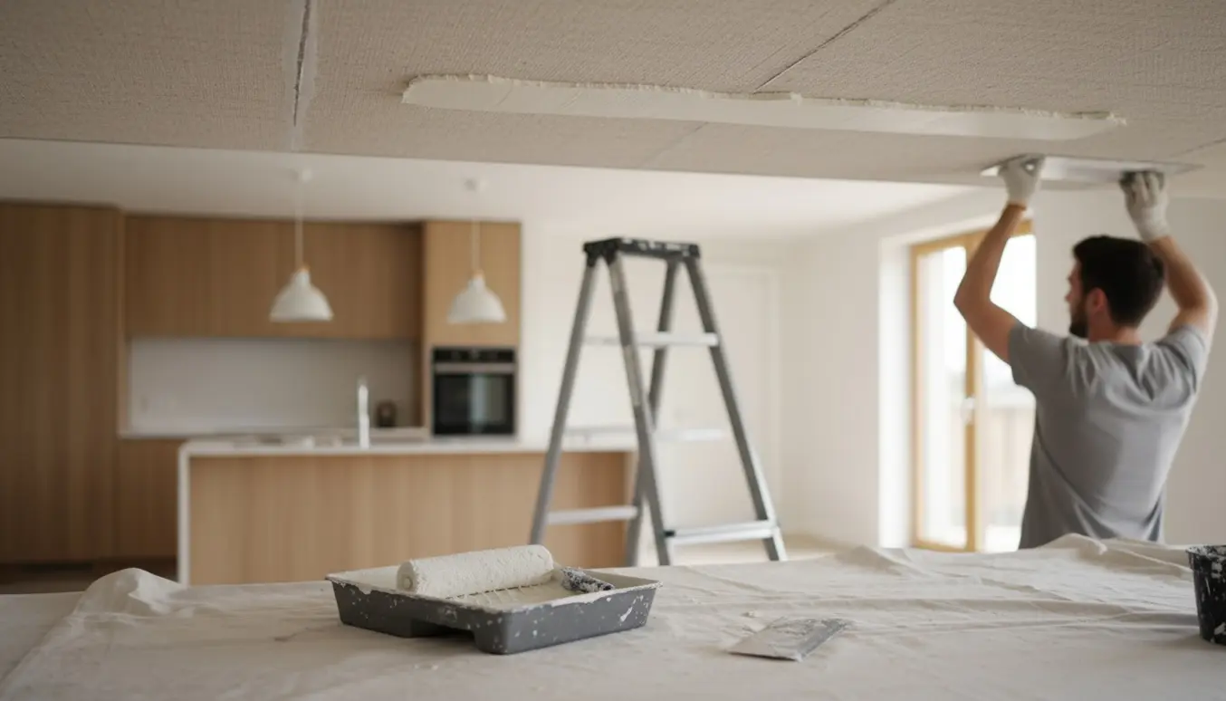 Spartling og maling af et åbent stue-køkkenloft med stige, spartel og malerulle.