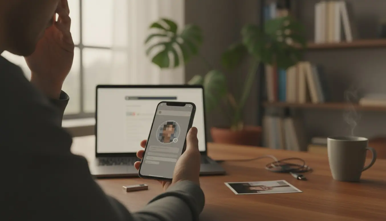 Nærbillede af en person, der holder en telefon med et sløret fremmed profilbillede på skærmen ved siden af en bærbar med en sløret login-side.