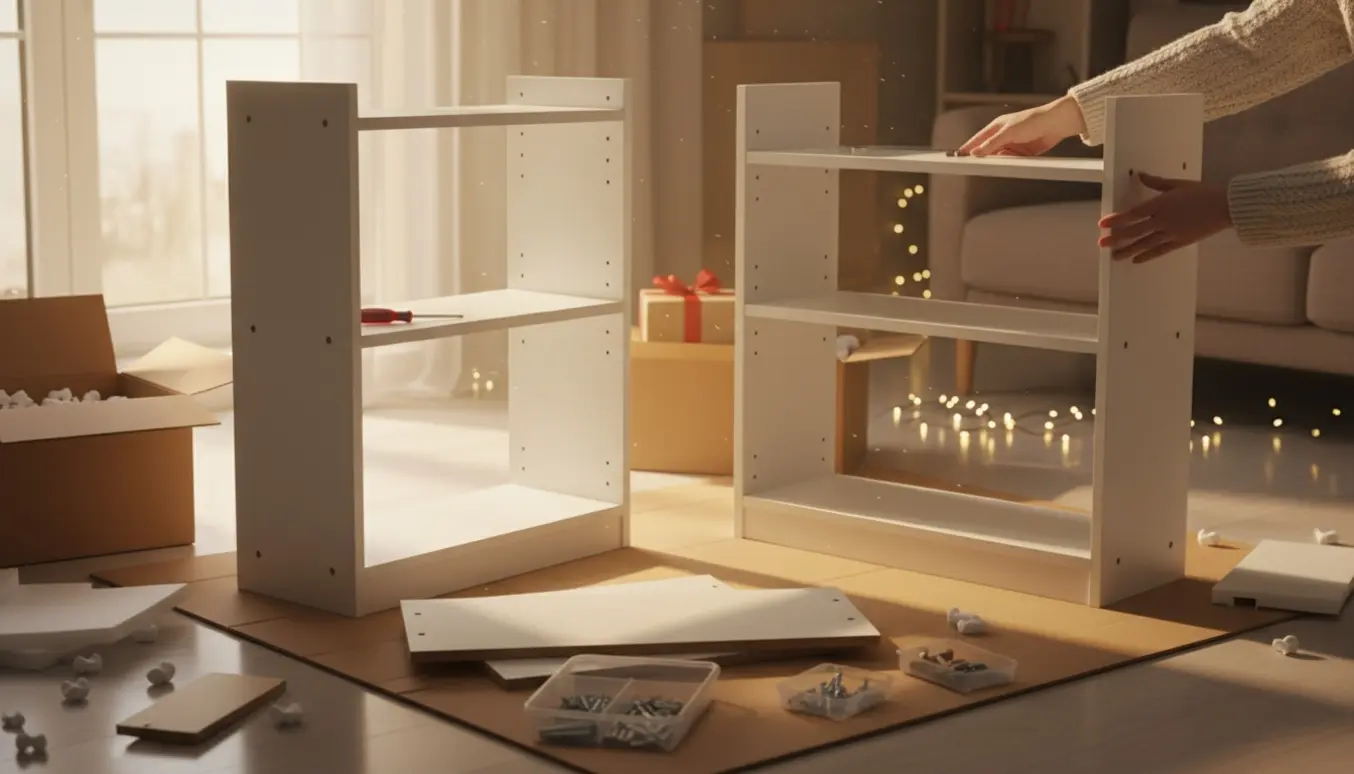 To reoler er delvist samlet i en hyggelig stue med værktøj og manual klar.