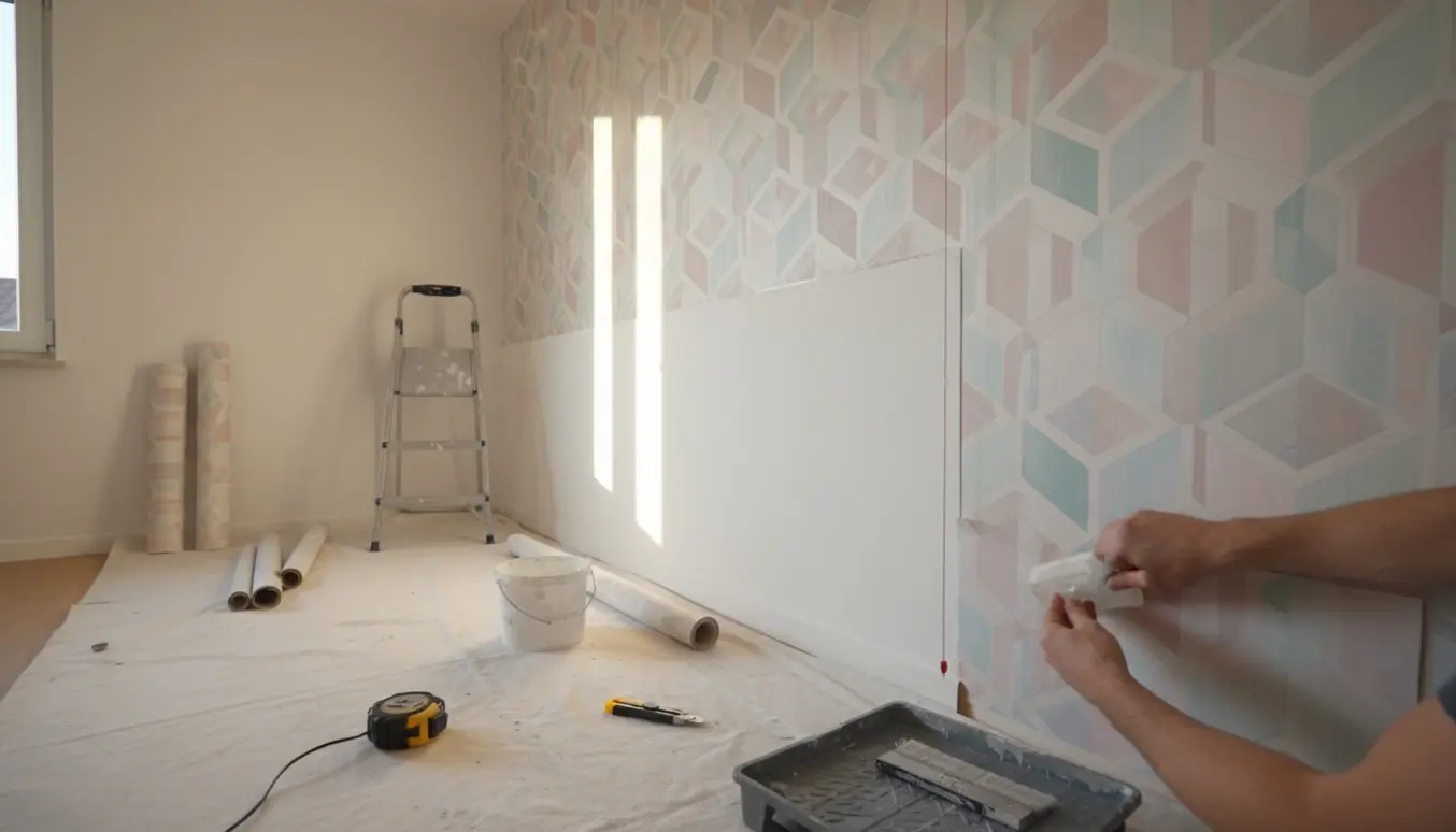 Et lille værelse under tapetsering med tapetstriber, værktøj og hænder, der glatter en søm.