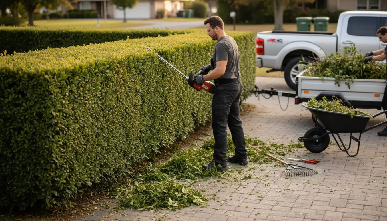 En havearbejder trimmer en lang hjørnehæk, mens afklip samles i en trailer.